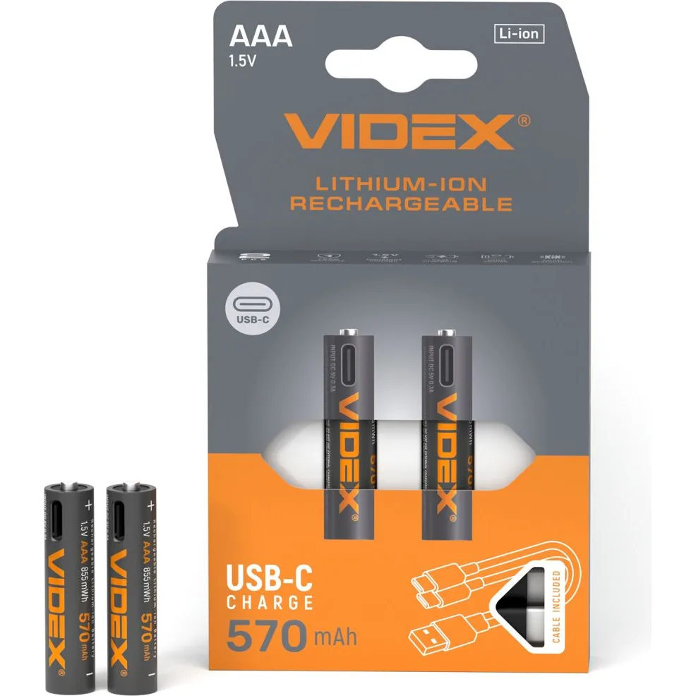 Аккумулятор Videx Li-ion LIR03C/AAA USB-C 1.5V (з захистом) 2шт 2200mAh