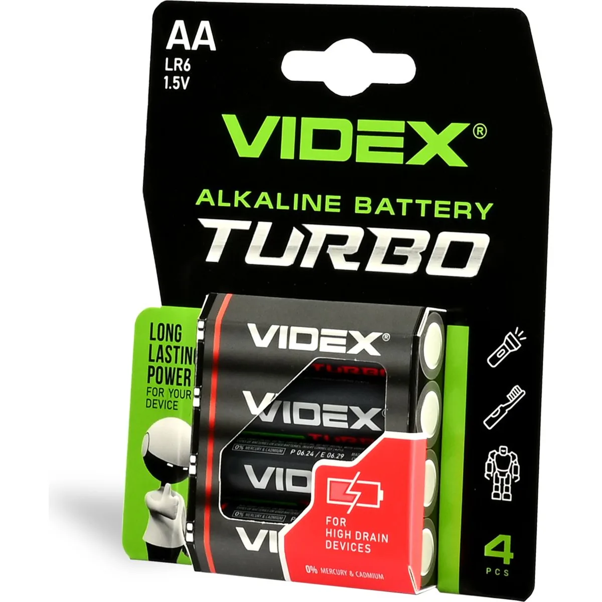 Батарейка VIDEX лужна LR6/AA Turbo, 4 шт LR6T/AA4B
