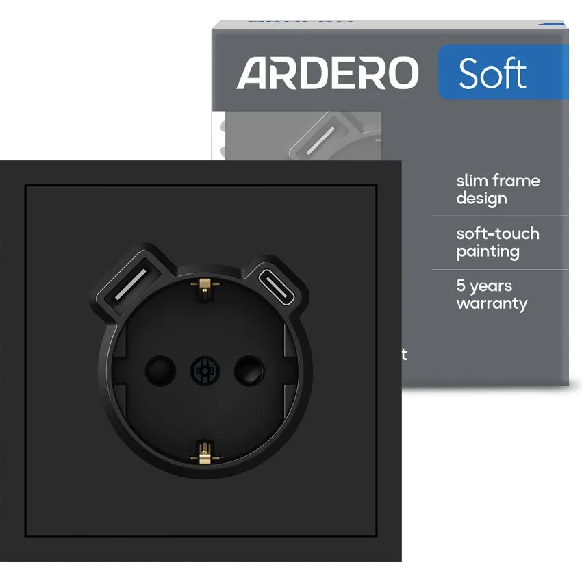Розетка із заземленням ER123USB-B 16 А із USB-A 18W та Type-C Soft ARDERO 80750