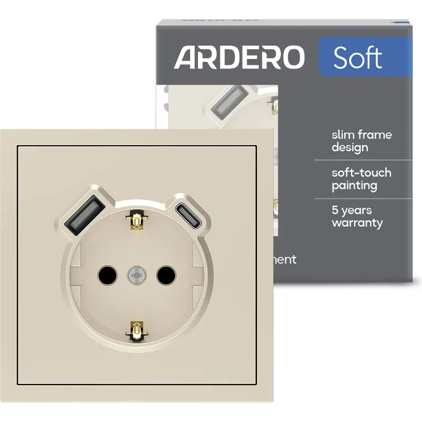 Розетка ARDERO ER123USB-C із заземленням 16 А, із USB-A 18W та Type-C, шампань