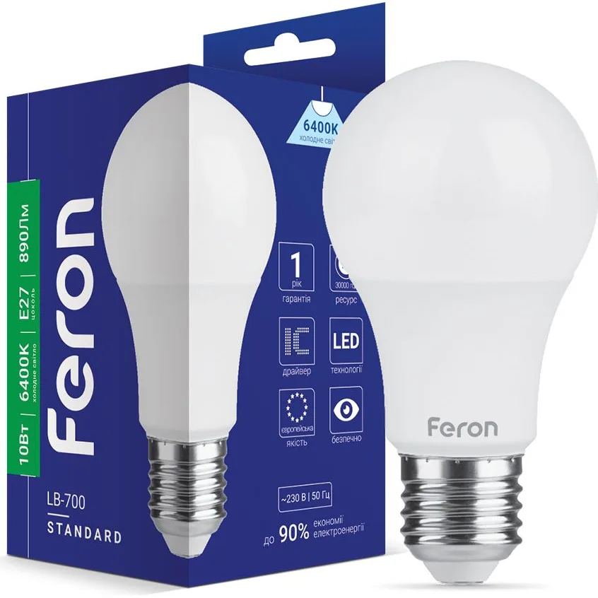 Лампа FERON A60 230V 10W 890Lm E27 6400K LB-700