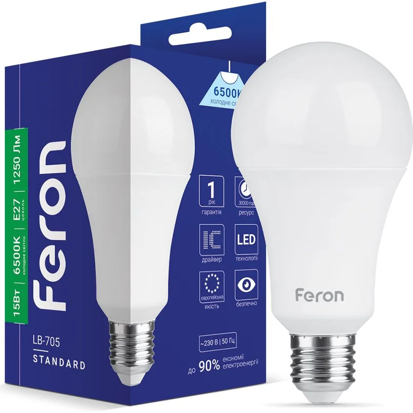 Лампа FERON A60 230V 15W 1250Lm E27 6500K LB-705