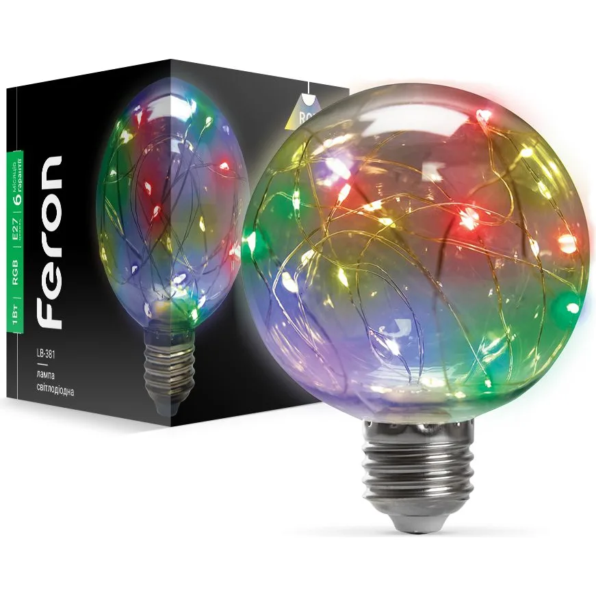 Лампа FERON G80 230V 1W E27 RGB LB-381