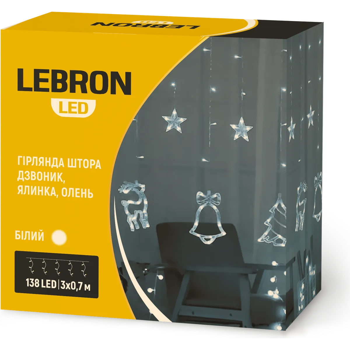 Гірлянда-штора LEBRON «Ялинка, дзвоник, олень» 3×0,7 м, біла, 138 LED, IP20
