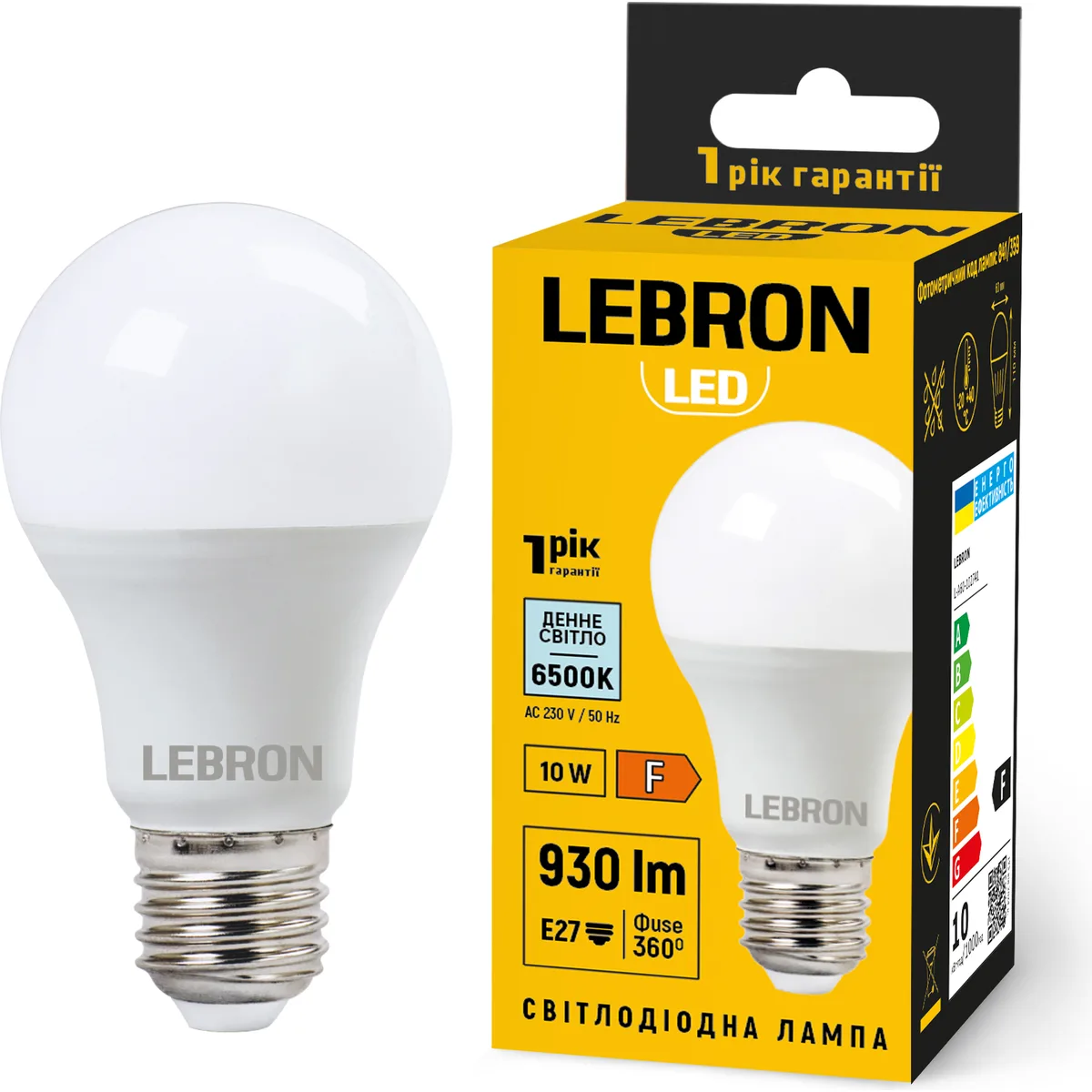 LED лампа LEBRON L-A60 10W Е27 6500К 900Lm