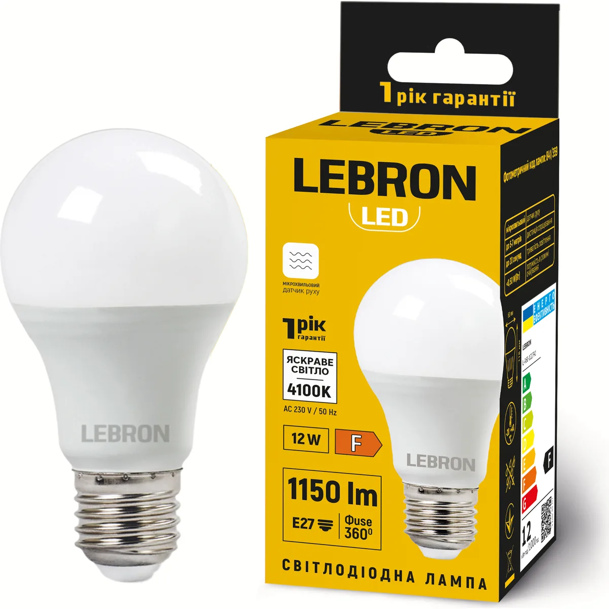 LED лампа LEBRON L-A60 12W E27 4100K 1100Lm з мікрохвильовим датчиком руху
