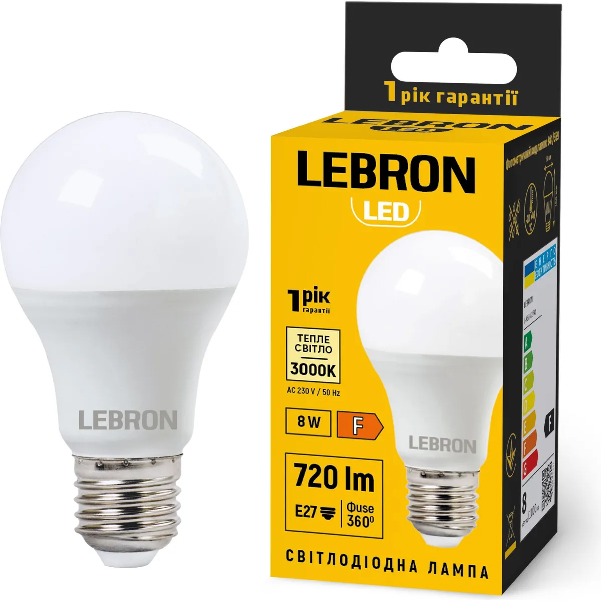 LED лампа LEBRON L-A60 8W Е27 3000K 720Lm
