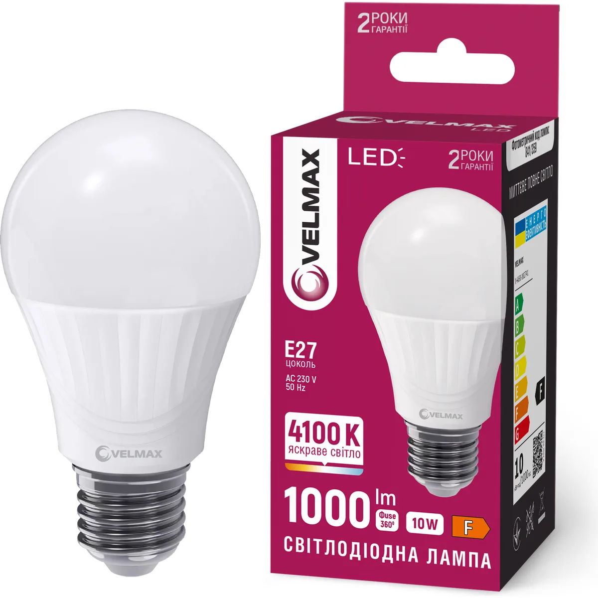 LED лампа VELMAX V-A60 10W Е27 4100K 1000Lm, EMC