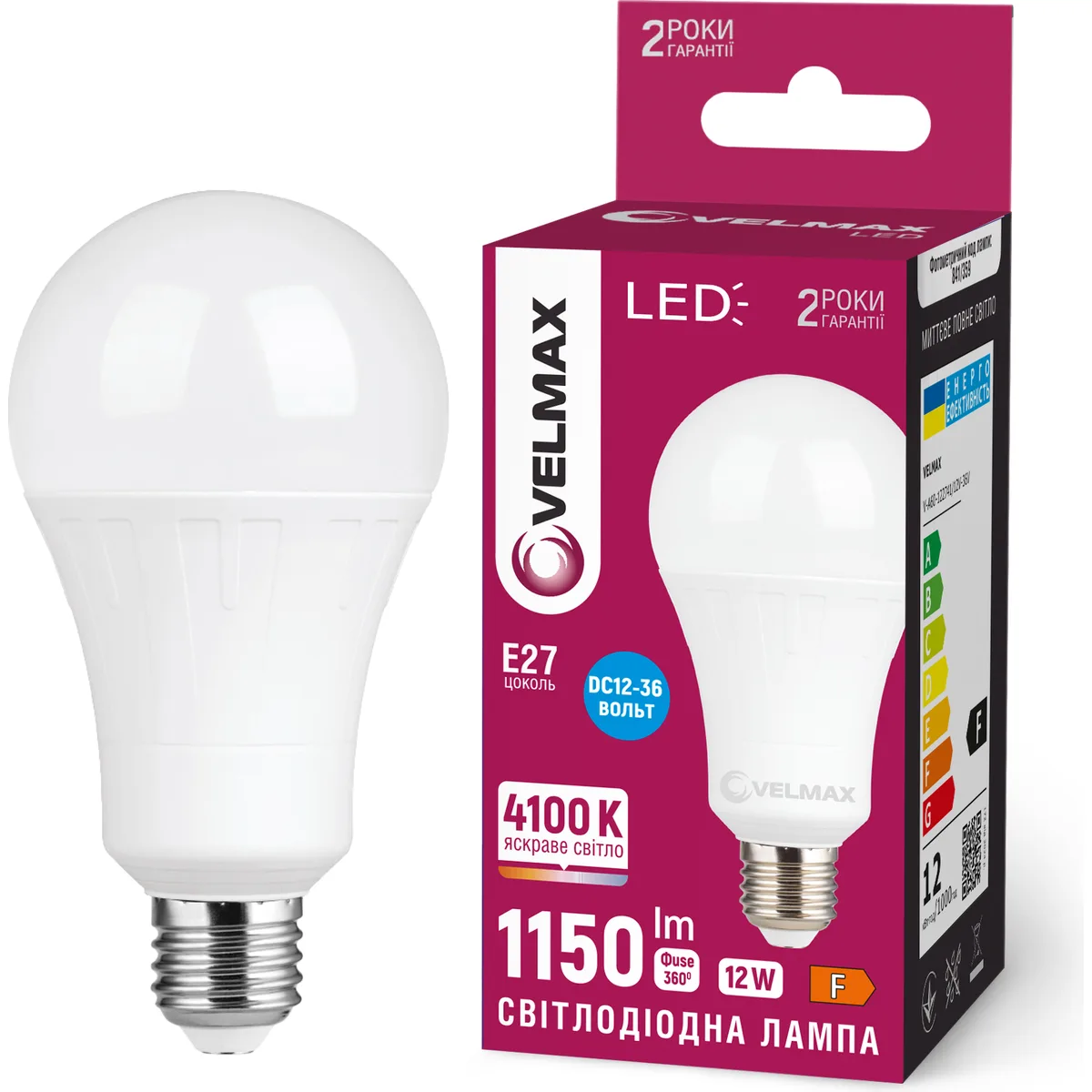 LED лампа VELMAX V-A60 12W 12-36V E27 4100K 1200Lm