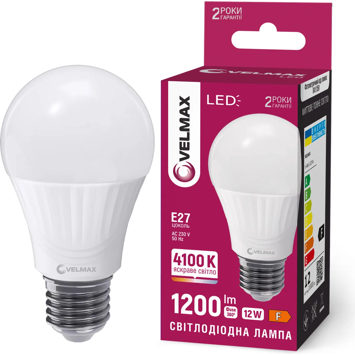 LED лампа VELMAX V-A60 12W E27 4100K 1200Lm, EMC
