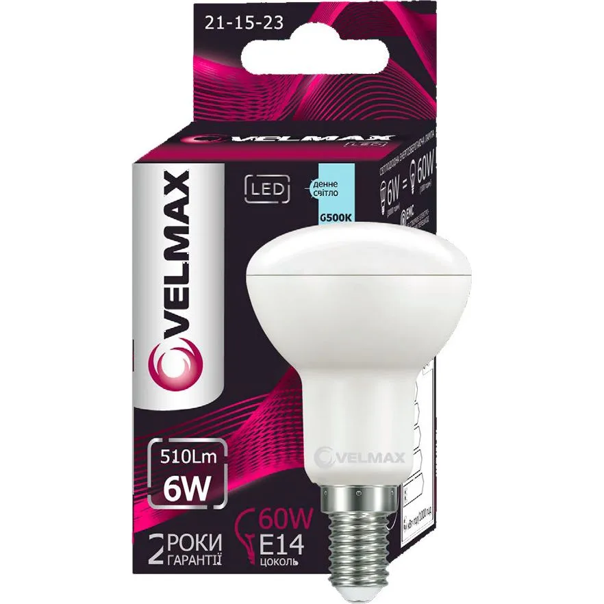 LED лампа VELMAX V-R50 6W 220V E14 6500K EMC 21-15-23