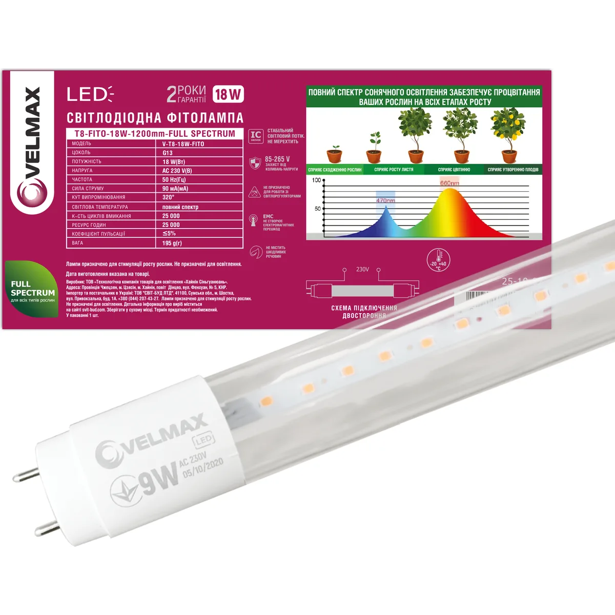 LED лампа VELMAX V-T8-Fito 18W 1200 мм G13