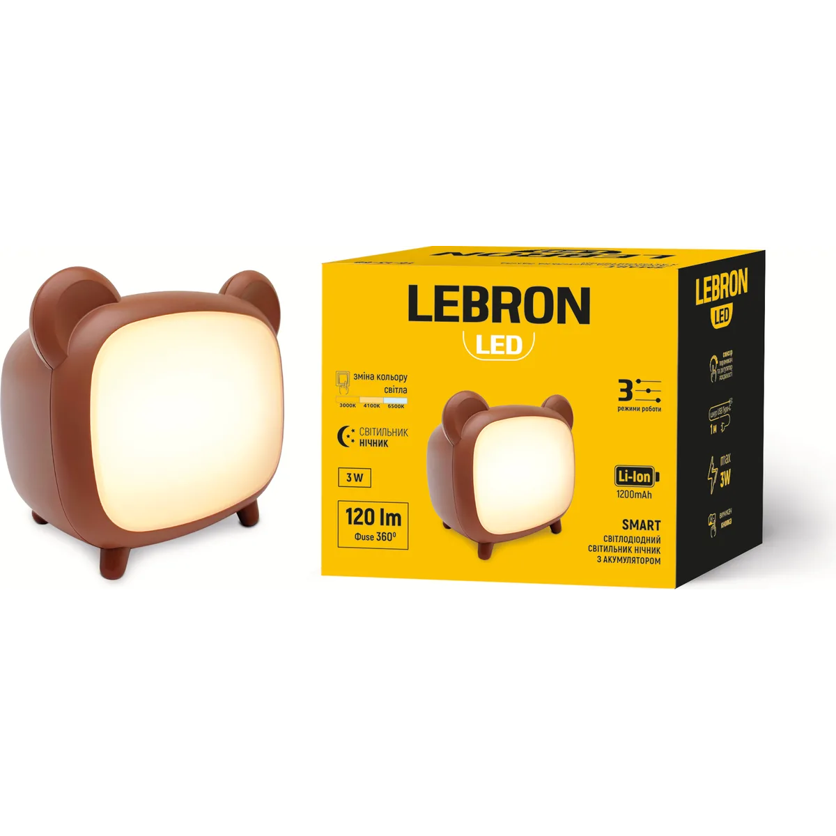 LED світильник нічник LEBRON L-TL-L-80, 3W, 3000-6500K, Li-ion 1200mAh, коричневий, USB