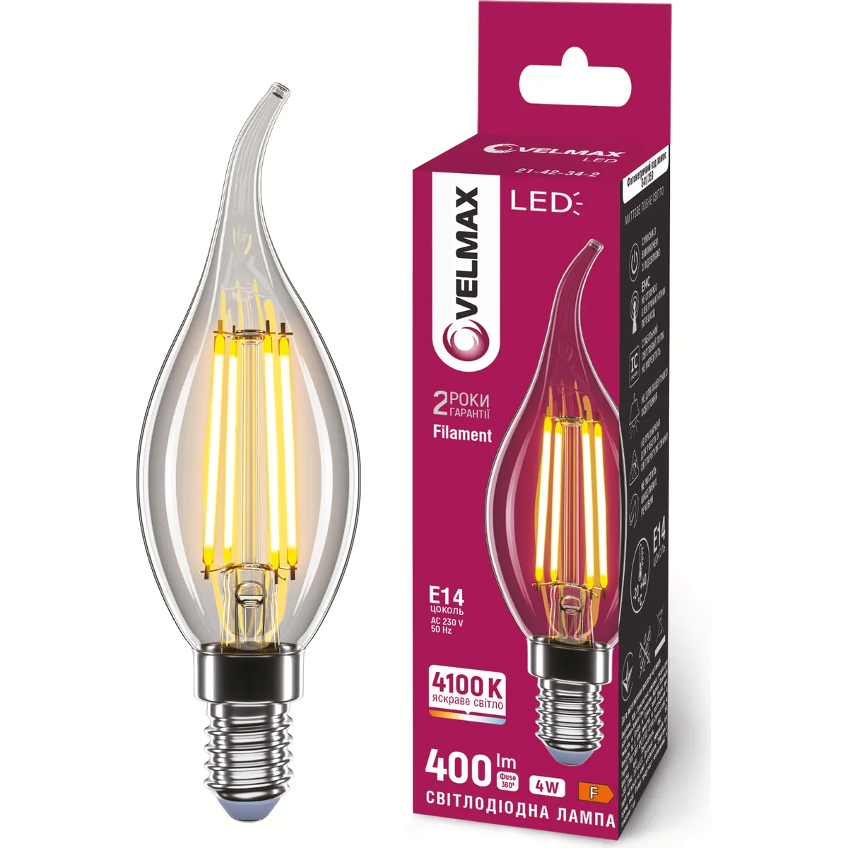 LED лампа VELMAX V-Filament-C37t 4W E14 4100K 400Lm