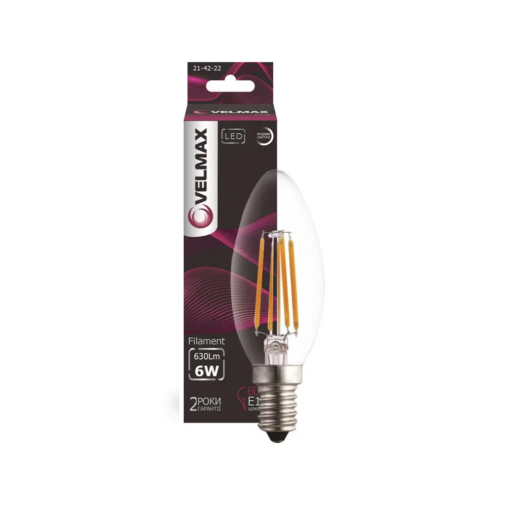LED лампа VELMAX V-Filament-C37t 6W E14 4100K 630Lm 21-42-22