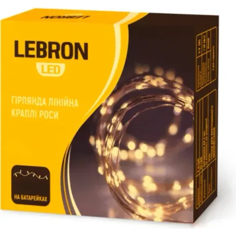 Гірлянда LEBRON «Краплі роси» 5 м, жовта, 50 LED, 3×АА, IP20