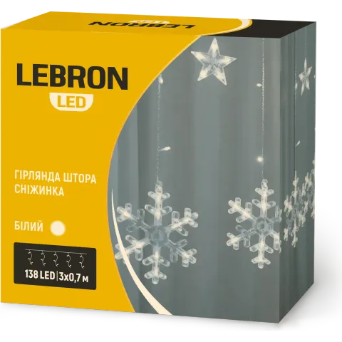 Гірлянда-штора LEBRON «Сніжинка» 3×0,7 м, біла, 138 LED, IP20