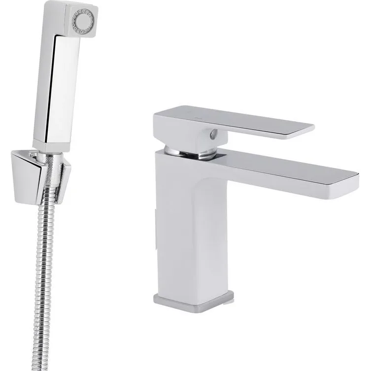 Змішувач для умивальника Qtap Gemini Chrome/White (k35) з гігієнічним душем QTGEM272CRW